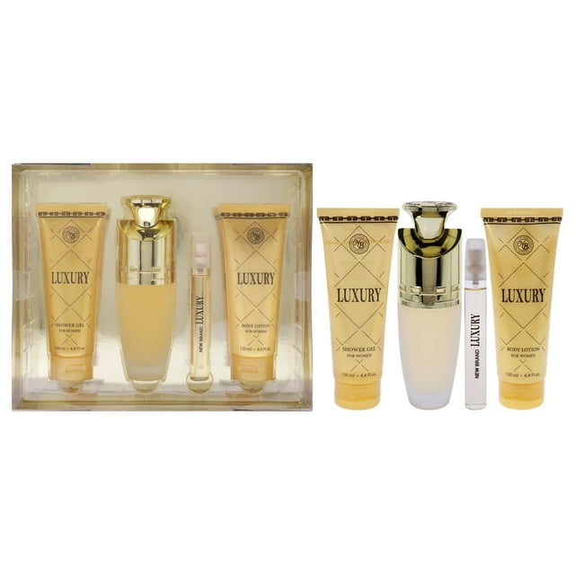 Lujo de la nueva marca para mujeres: set de regalo de 4 piezas: spray EDP de 3,3 oz, gel de ducha de 4,4 oz, loción corporal de 4,4 oz, spray EDP de 0,5 oz