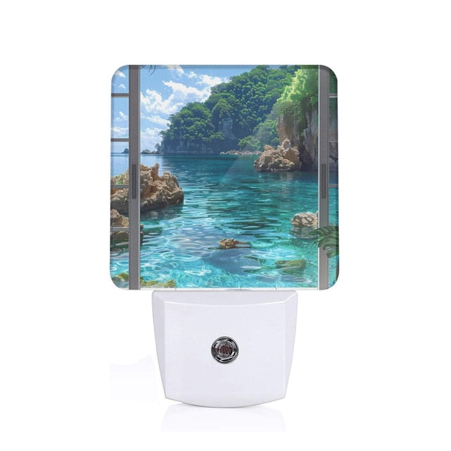 Balery Tropical Paradise Window View Luz Nocturna LED con Sensor Automático, Enchufe con Sensor Crepuscular, Luz Suave de 0.5W para Dormitorio, Pasillo, Baño-US