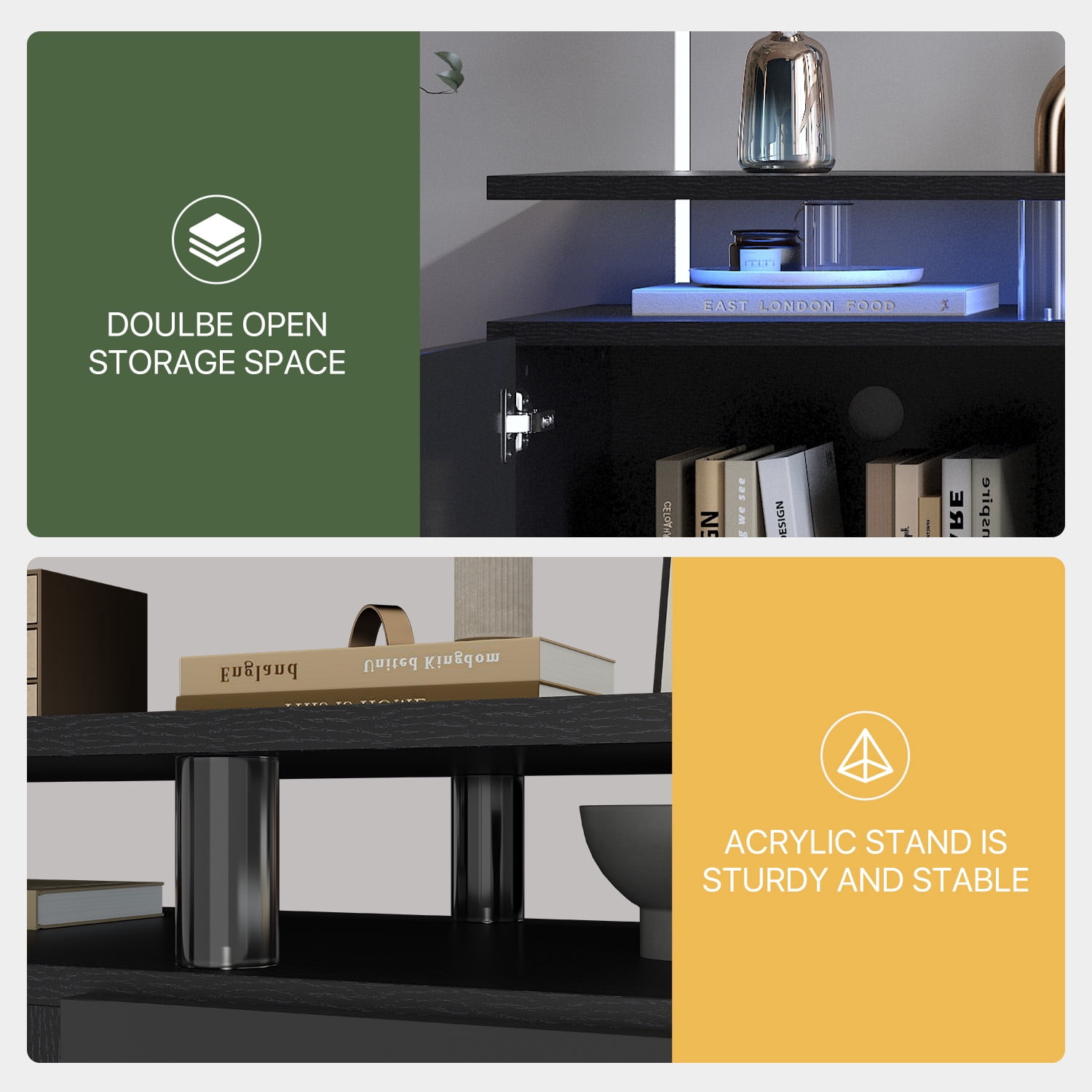 BaPiPro 80" Modern Electric Fireplace TV Stand for TVs up to 90", Entertainment Center with Music Sync LED Lights & Storage Cabinets, Media Console for Living Room, Black & White