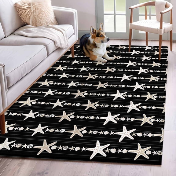 Starfish Black Area Rug 3x5 Washable Rug Non Slip Coastal Ocean Summer Sea Beach Large Area Rug Indoor Floor Carpet for Entryway Bedroom Kitchen Living Room Home Office Dining Room Nursery