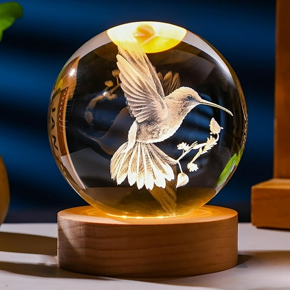 1pc 3D Hummingbird Crystal Ball Ornament - Laser Engraved Animal Figurine with Wooden Light Base, Night Light, Unique Home Bedroom Decor, Birthday, Graduation Gift for Women, Men, Friends, 2.36 IN