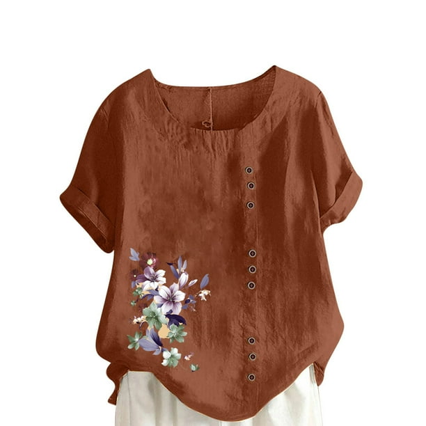 Camisetas de Manga Corta para las Mujeres Impreso Botón de Manga Corta Camiseta Blusa Poliéster, Ropa Casual Mirar Superior para las Mujeres