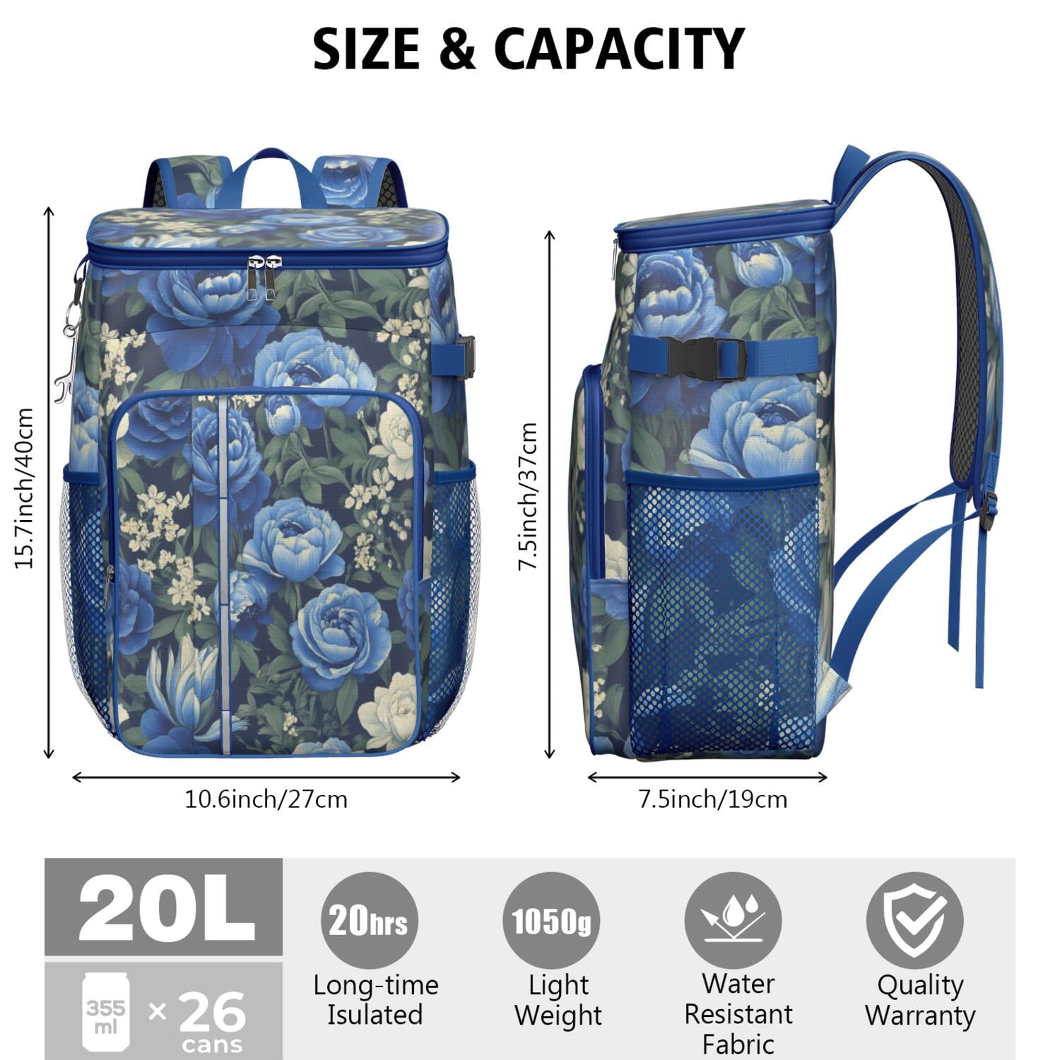 Travel Cooler Bag - Pioneer Flower Floral Print Pattern Camping Beer Cooler Backpack with Bottle Opener- Waterproof Insulated Picnic Backpacks - Cooler Bag for Beach