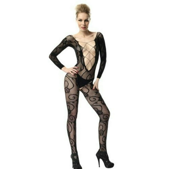 Women's Long Sleeve Criss Cross Front Floral Vine Bodystocking WKB-1273-1BMR