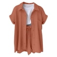 thumbnail image 4 of QGJZVUNL Cotton Linen 2 Piece Sets for Women Summer Clothes Short Sleeve Button Down Shirts and Drawstring Shorts Lounge Outfits Size L, 4 of 6