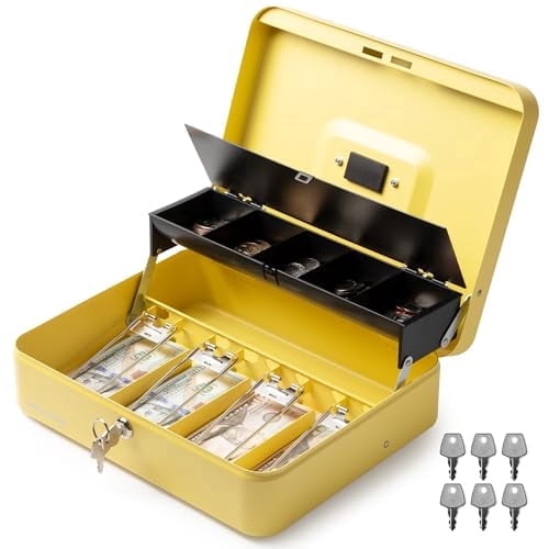 Volcora Large Cash Box with Key Lock, Metal Money Box for Cash, Portable Locking Safe Box with Money Tray, Durable Money Saving Organizer for Yard Sale, Garage Sale, Small Business, Yellow