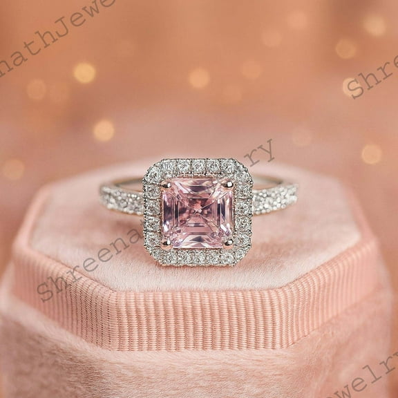 SHREENATHJEWELRY 4 CT Pink Radiant Cut Morganite Diamond Solitaire Engagement Ring Diamond split Style Ring Promise White Gold Unique Proposal Ring For Women