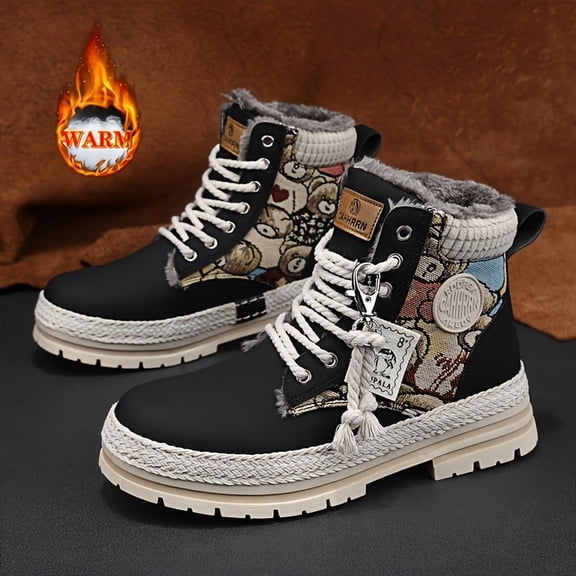 Autumn and Winter New Men's High-top Grass Weave Bear Pattern Boots Warm Work Boots Outdoor Motorcycle Boots