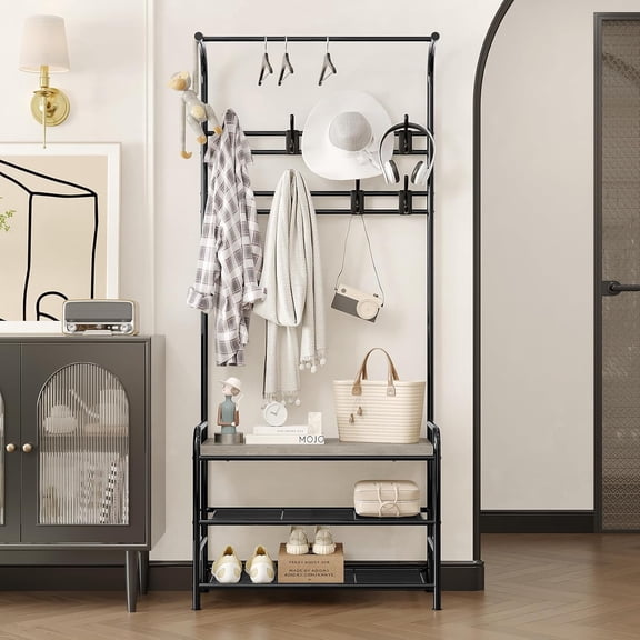 Entryway Hall Tree, 4-in-1 Freestanding Coat Rack with Shoe Storage Bench, 3-Tier Shelf, Hanging Rod, and 8 Adjustable Hooks for Entryway, Bedroom, or Living Room, Retro Gray