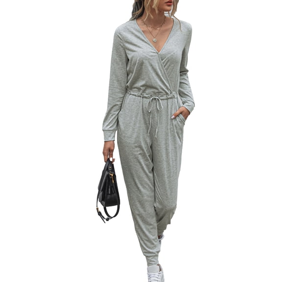 Long Sleeve Pants Jumpsuit Slim Lace Up V Neck Polyester Fashion Casual Women's Clothing Light Gray XXL