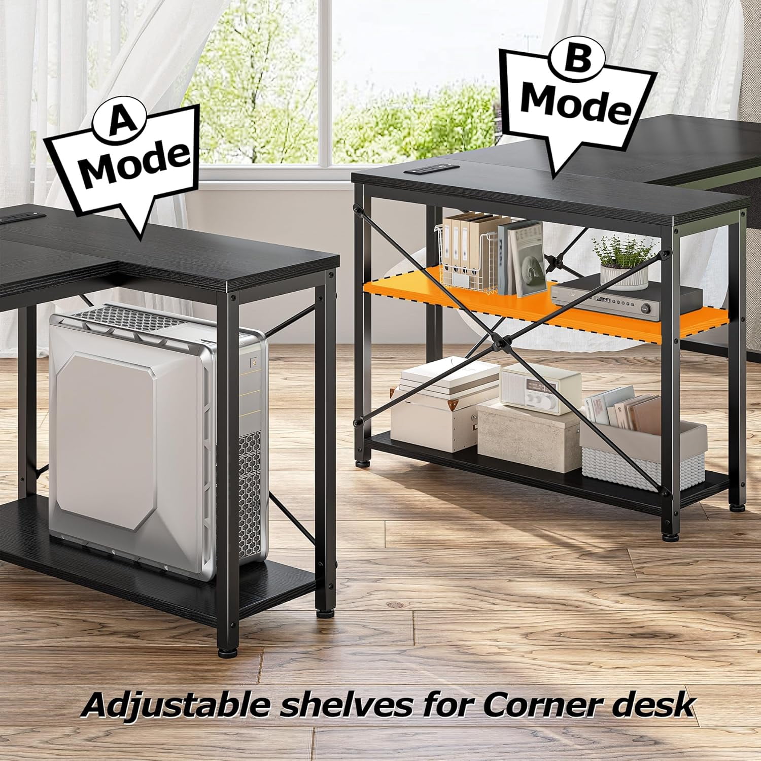 CHTER Small Computer Desk with Storage Shelves & Side Bag, 40 Inch L Shaped Gaming Desk with Power Outlets, Corner Desk Study Writing Table for Home Office Bedroom Living Room, Black