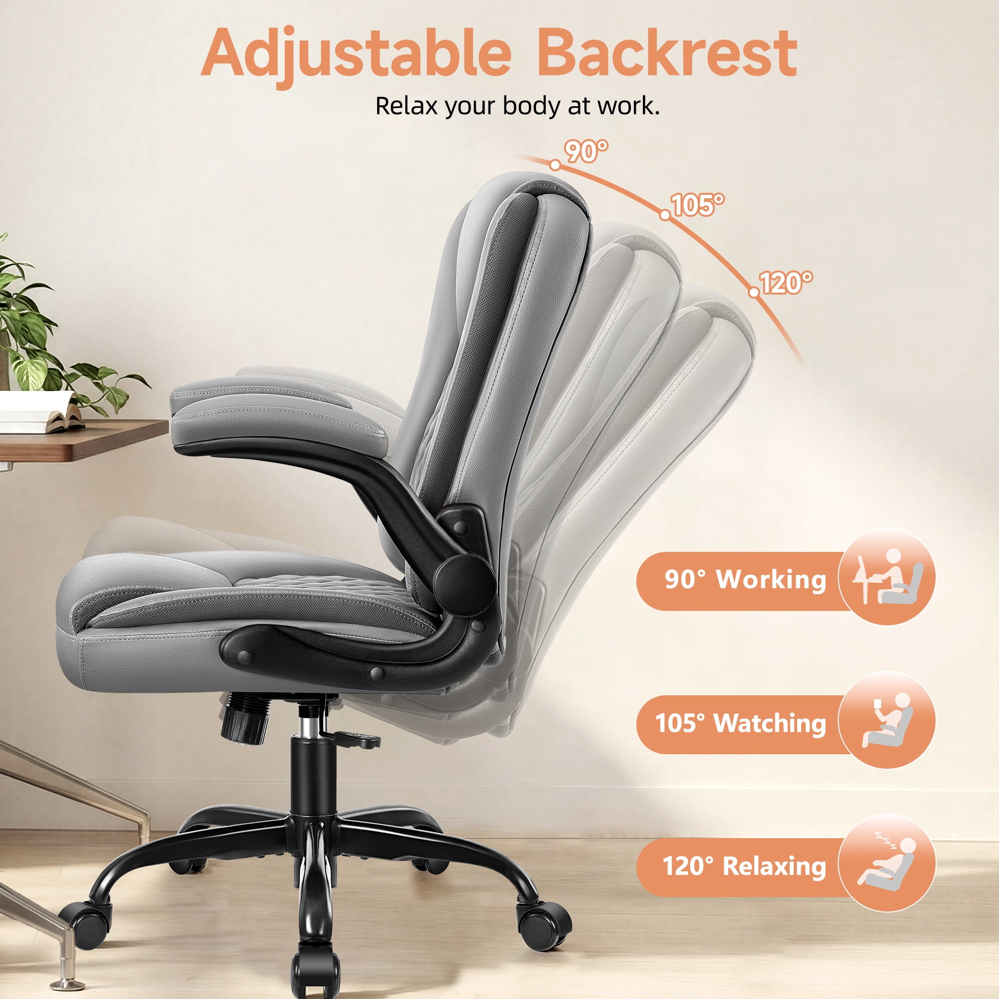 COOLHUT Office Executive Chair High Back Adjustable Managerial Home Desk Chair, Office Computer Chair with Lumber Support, Swivel PU Leather Chair for Home Office, Gray