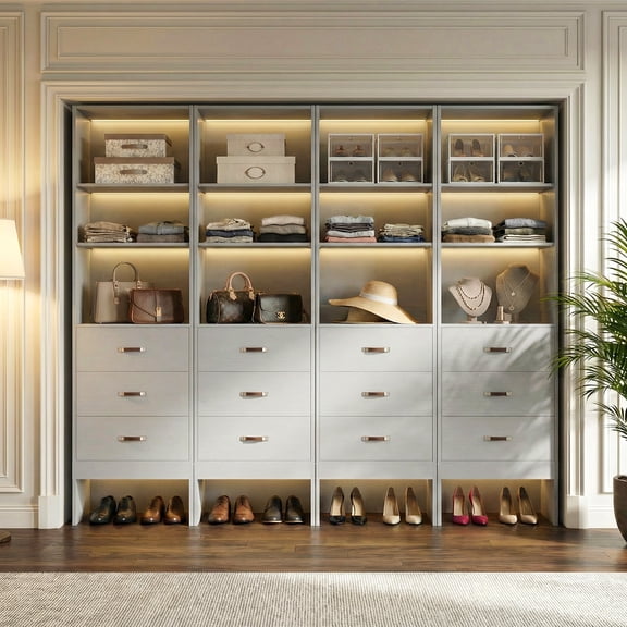 Homieasy 96" Closet System Value 4-Pack with 12 Hanging Rods & 12 Wooden Drawers - Adjustable (5-8FT Each), Wall-Mounted Bulk Wardrobe Storage,Gray