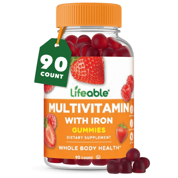 Multivitamin with Iron for Adult | 13 Essential Vitamins And Minerals for Men and Women | Great Tasting Naturally Sourced Berry Flavor | Vegetarian non-GMO | 90 Gummies | Lifeable