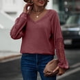 thumbnail image 3 of Camisa De Manga Larga De Encaje Con Cuello En V Para Mujer Suelta Casual Moda Agradable Para La Piel Transpirable Cuello En V Color Sólido Top De Manga Larga Rojo Vino XXL, 3 of 7