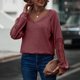 thumbnail image 3 of Camisa de manga larga de encaje con cuello en V para mujer, suelta, informal, a la moda, agradable para la piel, transpirable, cuello en V, color sólido, Top de manga larga, rojo vino L, 3 of 7