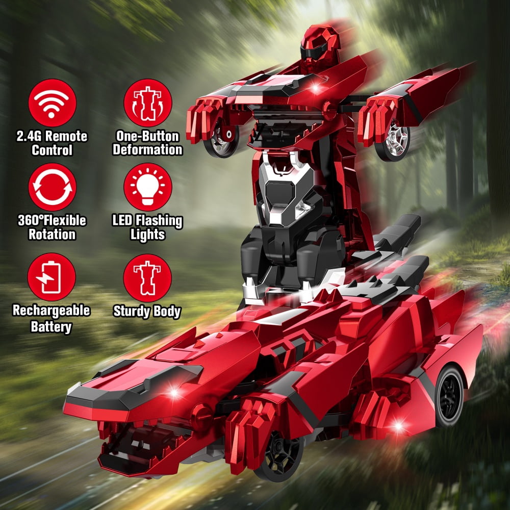 Allaugh Dinosaur Transform RC Cars 2.4Ghz Remote Control Car Robot with 360 °Rotation One Button Deformation Car Toy Gifts for Boys Age 4-7 8-12