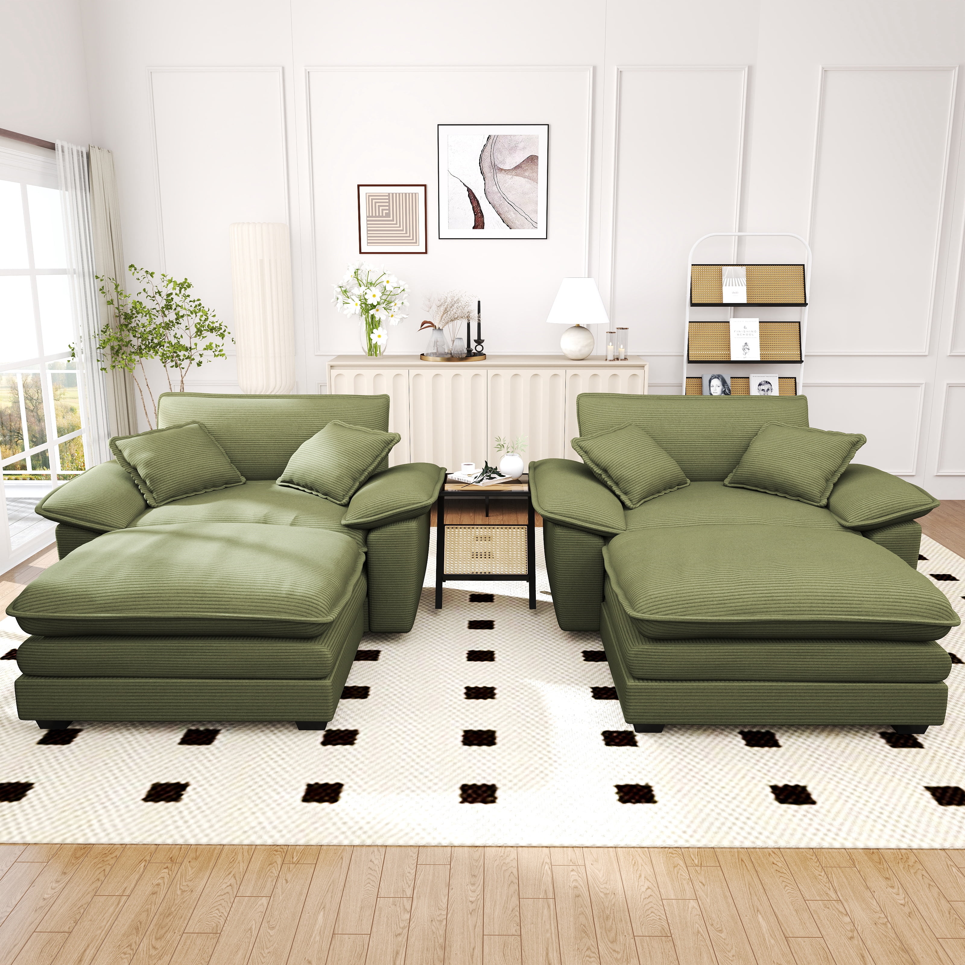 Lunale Oversized Lounge Chair & Ottoman Set - 48" Cloud Corduroy Accent Armchair for Modern Living/Bedroom, Green Corduroy