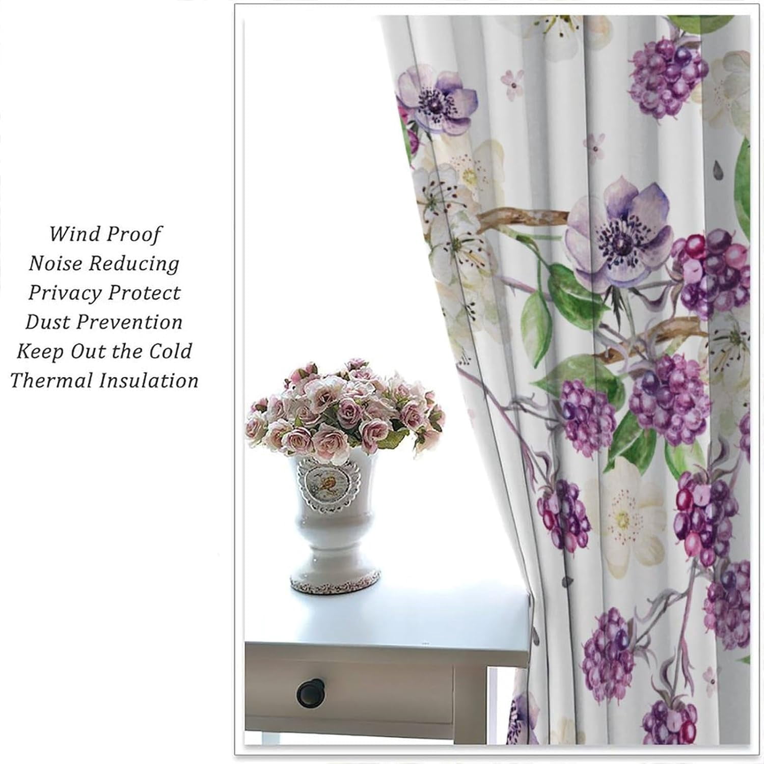 Purple Floral Curtains Spring Watercolor Flowers BlackBerry and Anemone Pattern Print Living Room Curtains for Women Girls Room Window Blackout Curtains 84x84 Inches 2 Panels