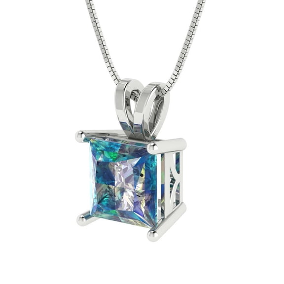2.0 ct Brilliant Princess Cut Solitaire VVS1 Genuine Blue Moissanite Solid 14k White Solid Gold Everyday Affordable Designer Necklace Pendant with 18" Solid Gold Chain by Clara Pucci