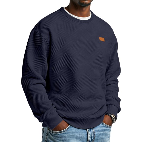 ASDFVBKG Men's Crewneck Sweatshirt Cozy Quilted T-Shirts Dressy Casual Pullover Loose Tops Solid Color Relaxed Fit Outfits Navy XL