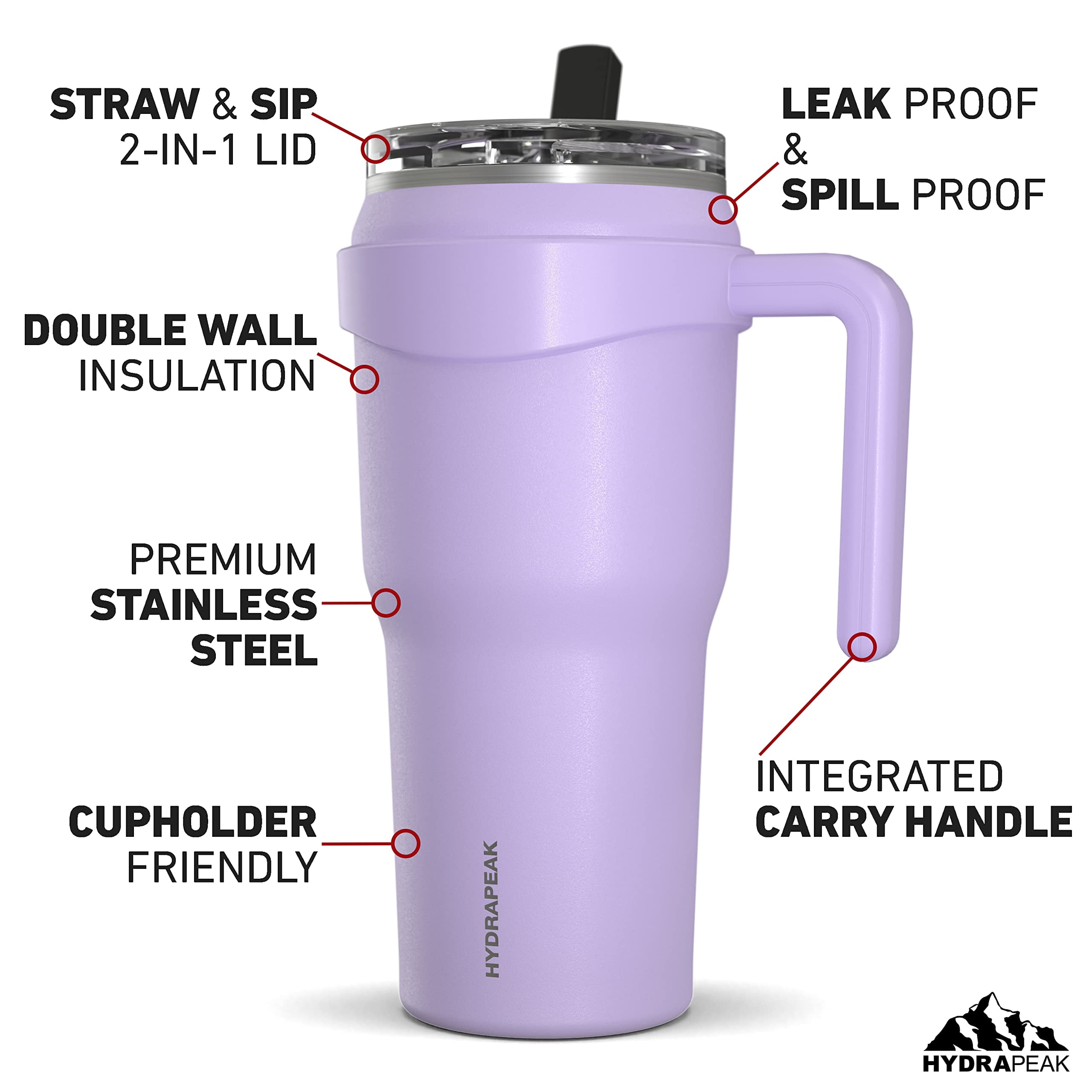 Hydrapeak Roadster 40oz Stainless Steel Tumbler Double Wall Vacuum Insulated Water Bottle With Handle And 2 in 1 Straw Lid (Lavender)