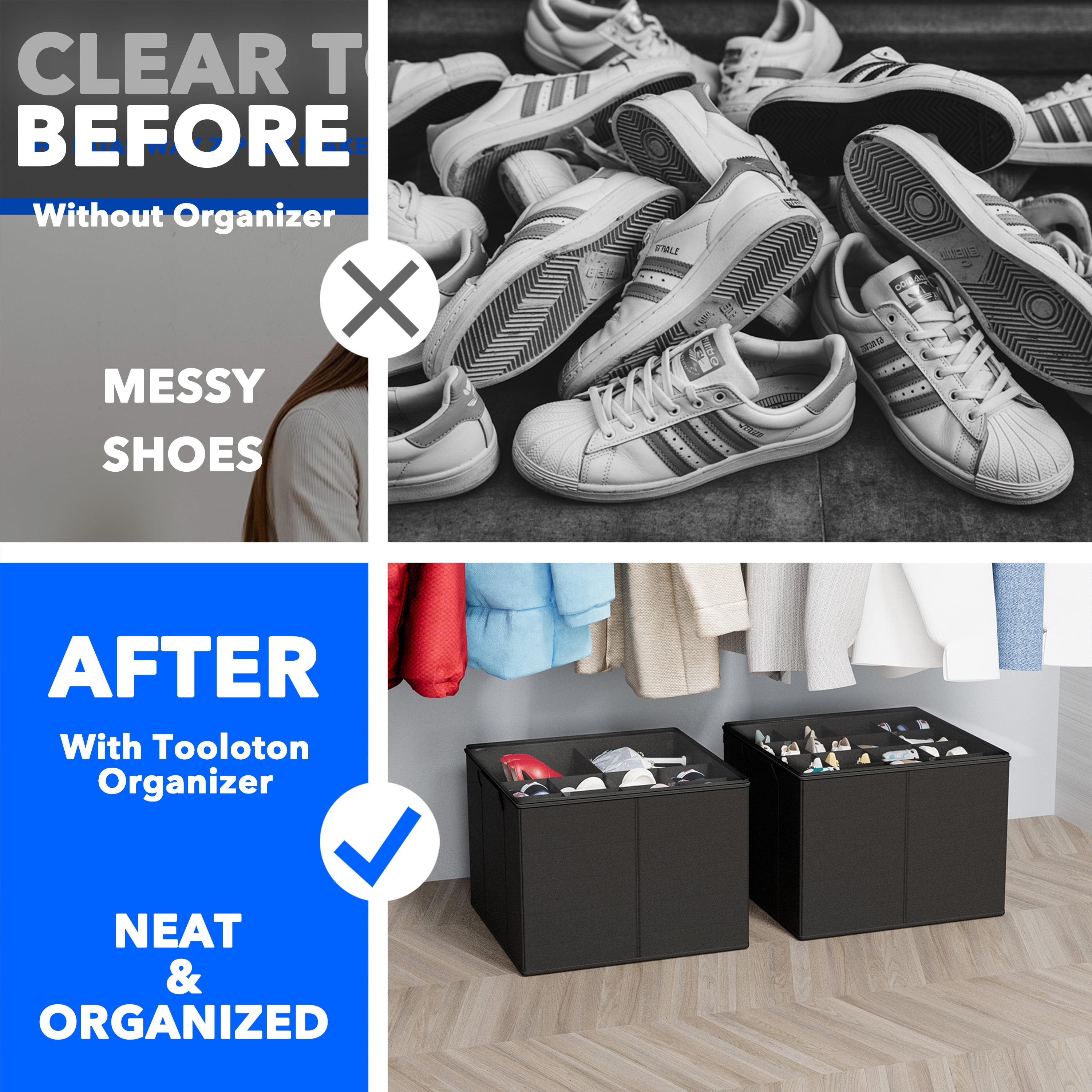 Tooloton Adjustable Dividers Shoe Organizer for Closet, Compact Storage, Fits 16-32 Pairs, Black, 2 Pack
