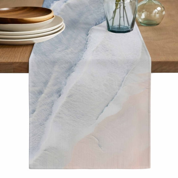 Navy Blue Coastal Wave Table Runner, Summer Modern Ocean Beach Washable Cotton Linen Table Runners 48 Inches Long, Dresser Scarf Runner for Nightstand/Coffee/End Tables 13''x48''