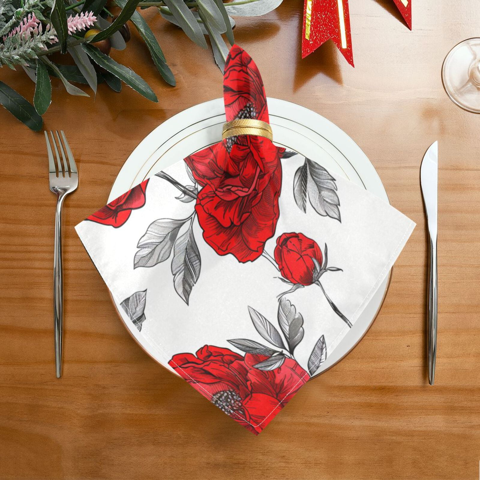 JSTEL Red Peony Flowers Cloth Napkins Set of 6, 20x20 Inch Washable and Reusable Napkin for Decoupage Dinner Party Everyday Use