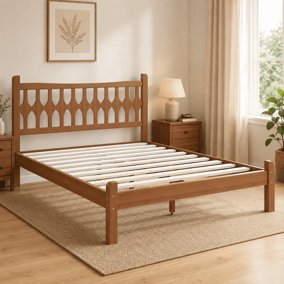 Miniyam Full Size Bamboo Platform Bed Frame with Geometric Headboard, Brown