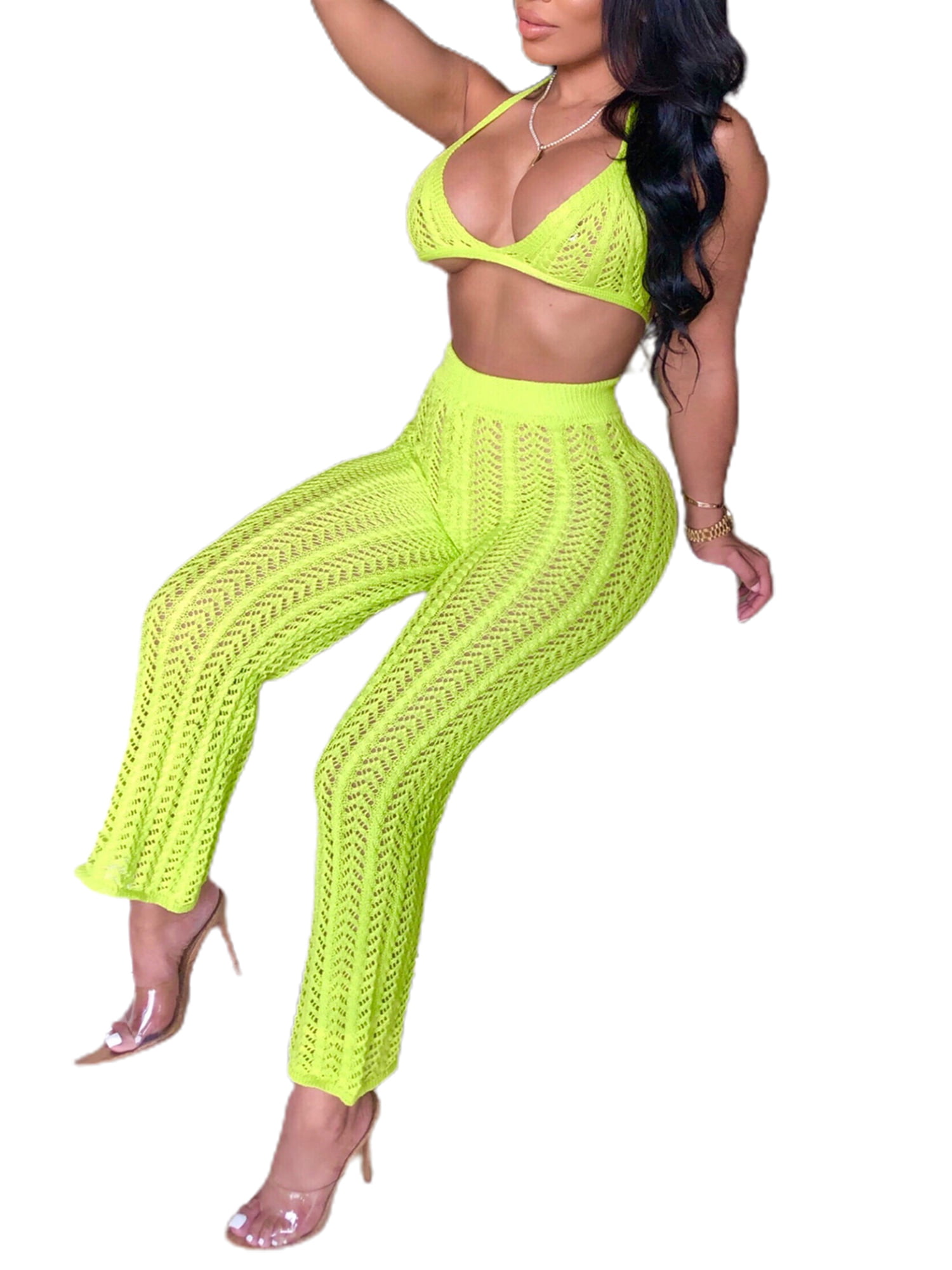 Women Knitted Hollow Out Halter Neck Bra Top Straight Pants Suit Beach 2PC Set 