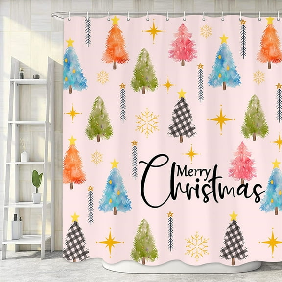 Chic Boho Pink Christmas Shower Curtain, Rustic Plaid Farmhouse Fabric Bathroom Decor, Cute Christmas Tree Winter Xmas New Year Holiday Shower Curtain Set with Hooks, 72X72in