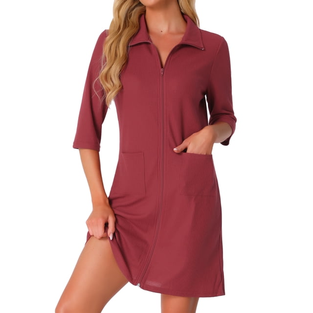 Batas de mujer con cremallera, waffle, de 3/4 de manga, bata de baño de longitud a la rodilla, ligera, abrigo de casa corto, pijama con bolsillos, talla S, color burdeos
