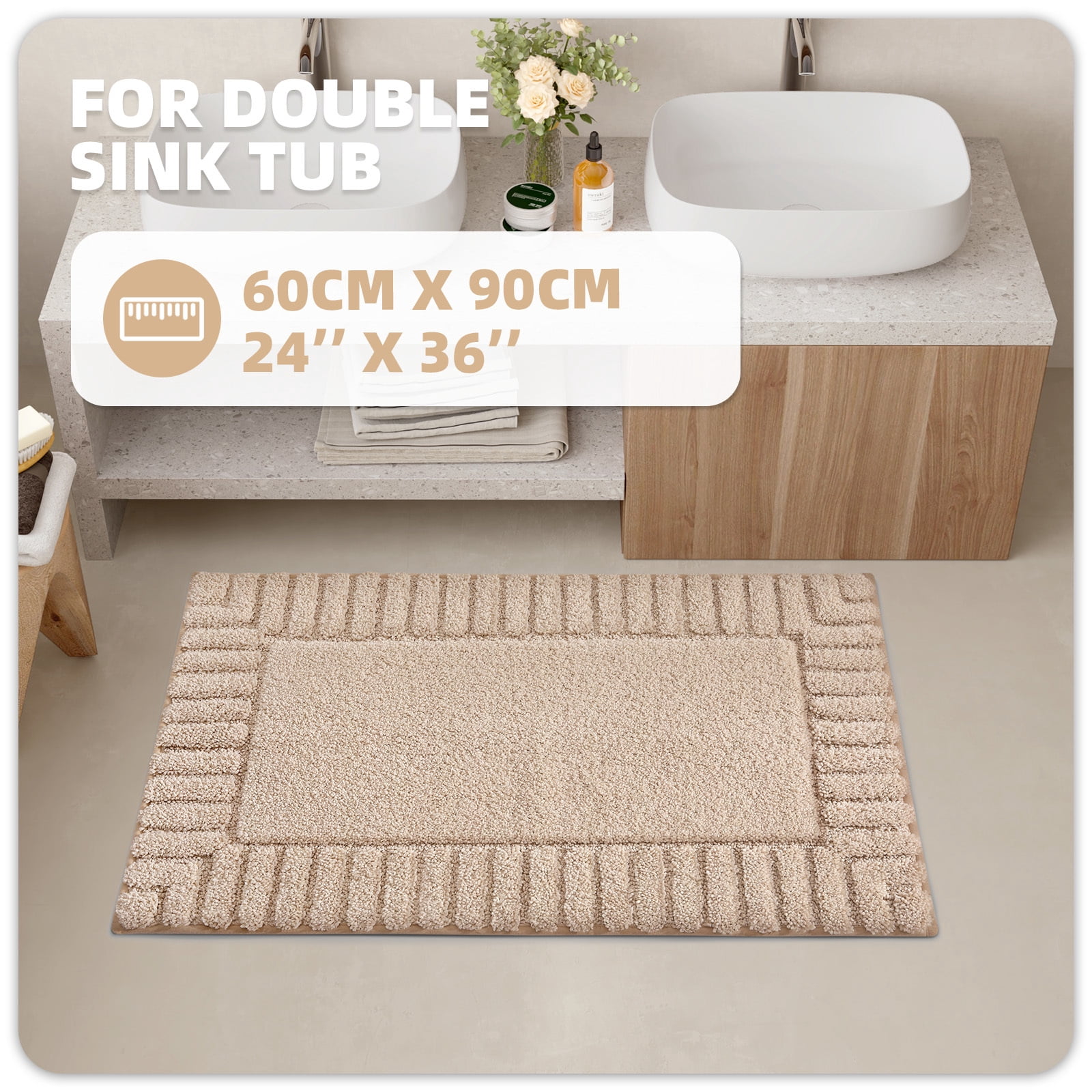 PABUBE Bathroom Rugs 24"x36", Absorbent Bath Mats Rugs for Bathroom Floor Non Slip Non Skid, Soft Shag Microfiber Machine Washable Shower Bath Mat for Bathroom Decor, Khaki