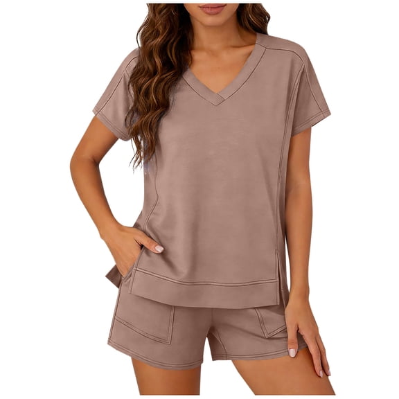 Enjoytime Womens Summer Outfits Solid Color V-Neck Trendy Short Sets Casual Loungewear Summer Vacation Travel Lounge Set
