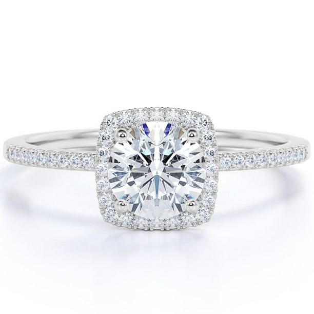 JeenMata Anillo de Compromiso con Halo de Moissanita de Corte Redondo de 1 Quilate en Oro Blanco de 18 K sobre Plata