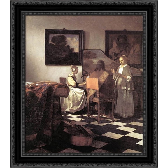 The Concert 20x22 Black Ornate Wood Framed Canvas Art by Vermeer, Johannes