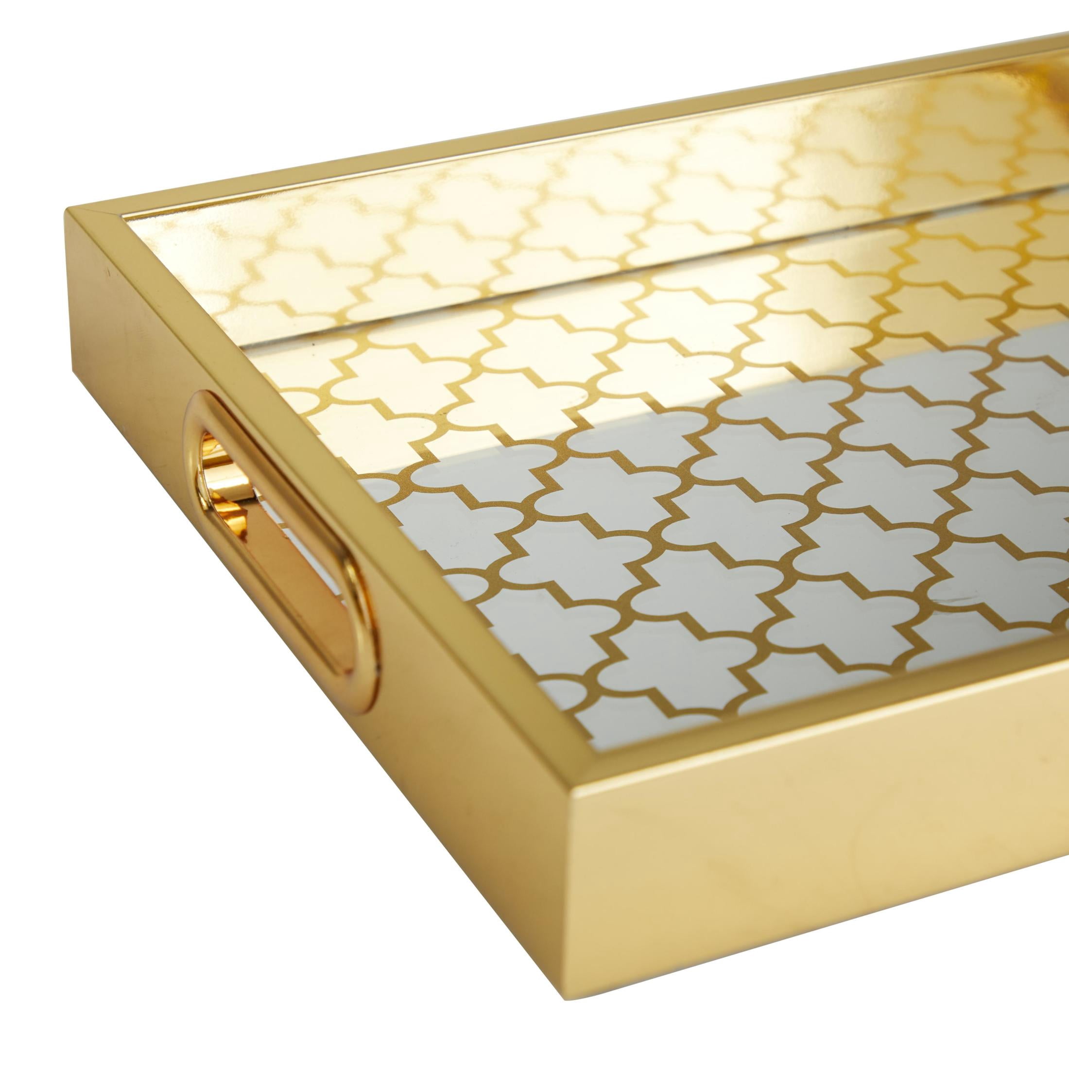 DecMode 16", 14"W Gold Plastic Mirrored Geometric Tray, 2-Pieces
