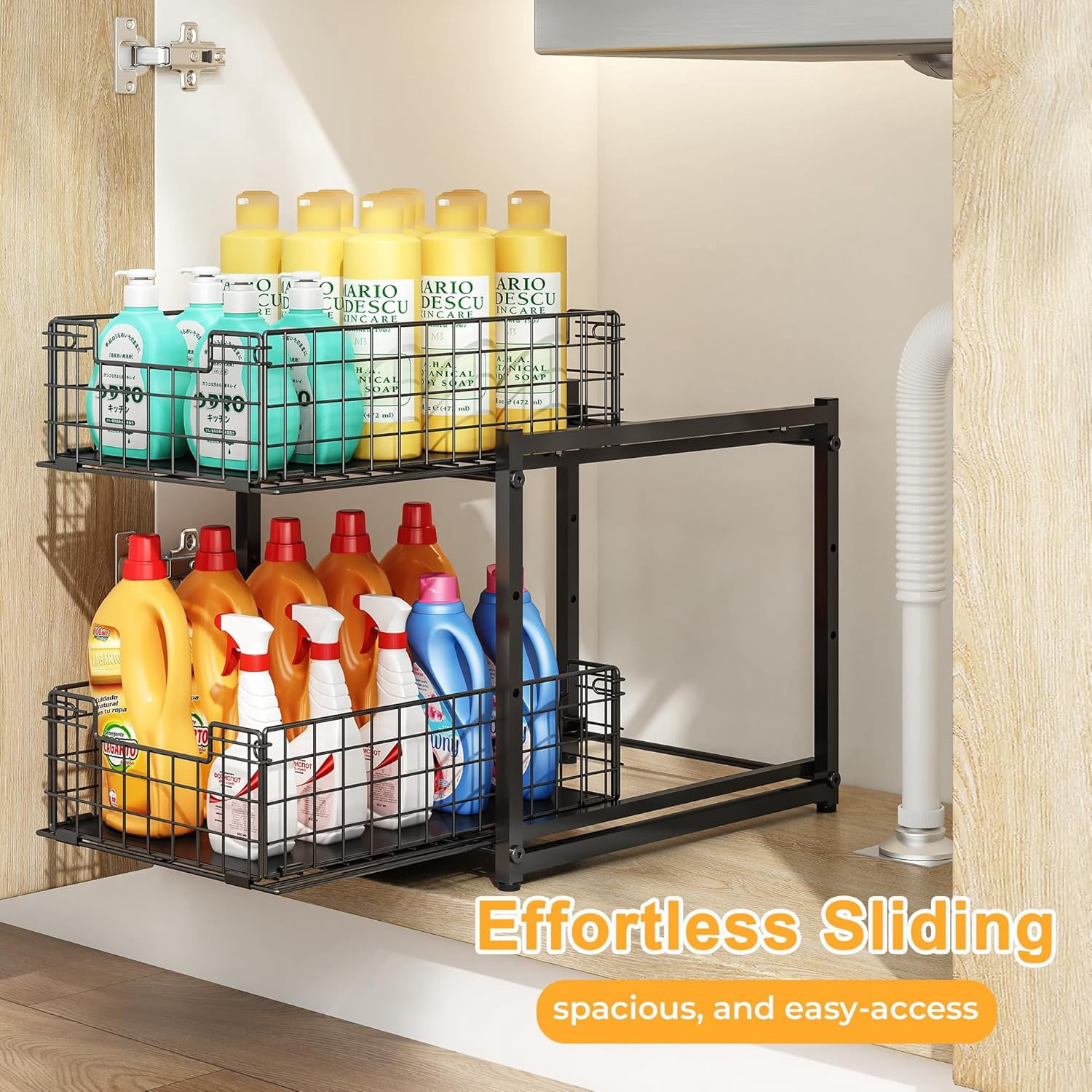 Under Sink Organizer 2-Tier Pull Out Cabinet Storage Rack for Kitchen Bathroom Spice Rack Sliding Drawers Shelves Pack of 2