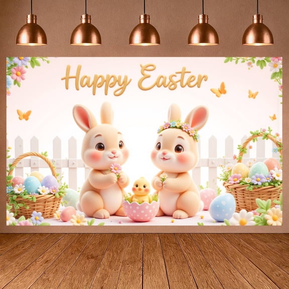 Cute Cartoon Happy Easter Banner Pastel Color Easter Backdrop Floral Decoration Easter Display for Easter Party Home Decoration Outdoor Celebration