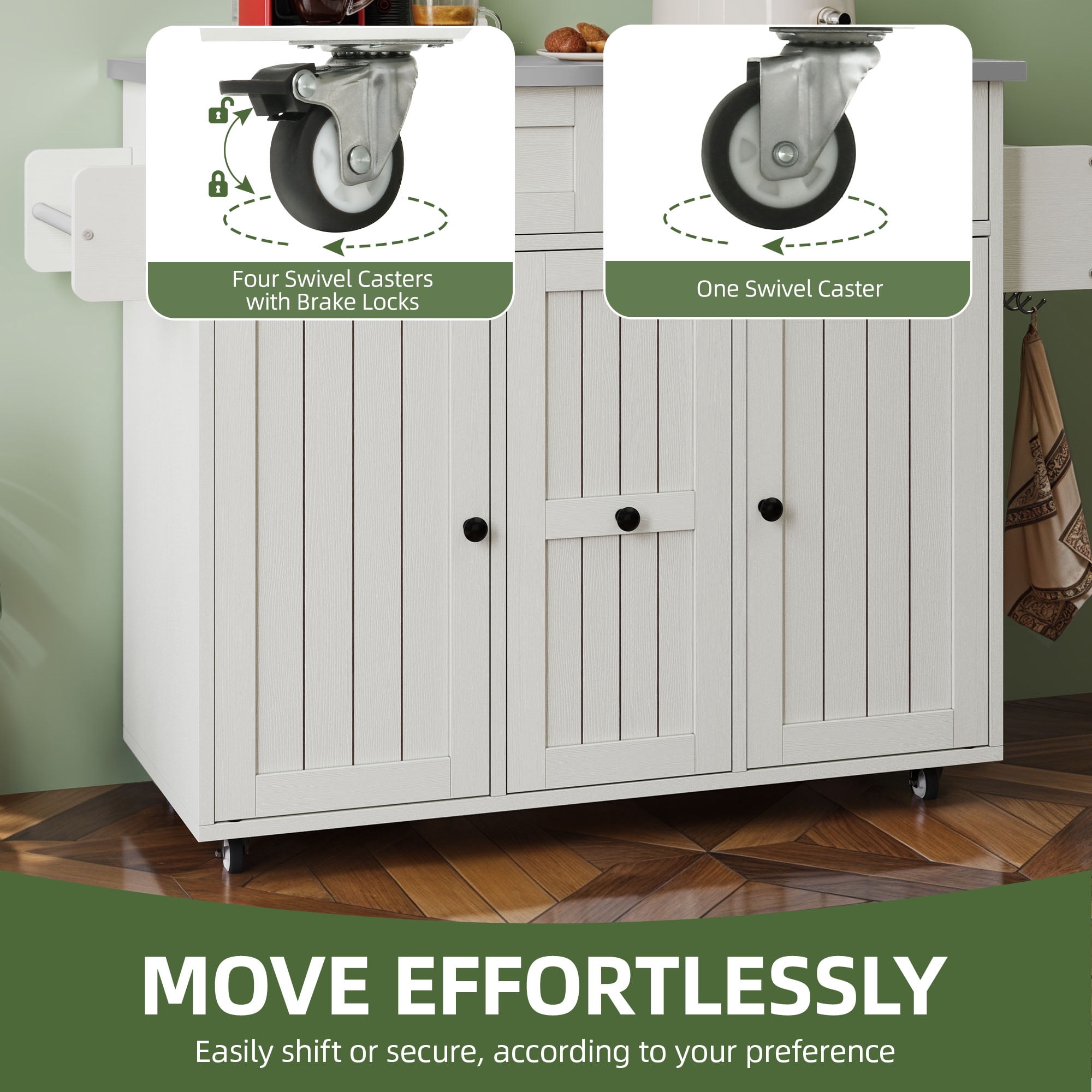 Uforic Kitchen Island with Wheels & Storage, Kitchen Island Cart with Drop Leaf, White