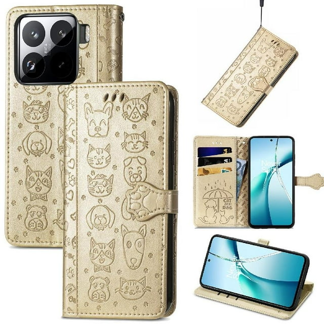 funda cartera foxdock para xiaomi 15 dorado, flip en cuero PU con relieve de gatos y perros; frente y espalda tipo cartera con cierre magnético, ranuras internas para tarjetas y bolsillo para efectivo, carcasa TPU interna y soporte plegable para visualización manos libres.