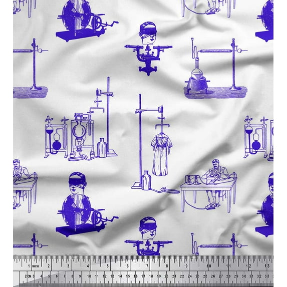Soimoi Blue Japan Crepe Satin Fabric Men & Scientific Lab Equipments Education Theme Print Fabric by the Yard 42 Inch Wide