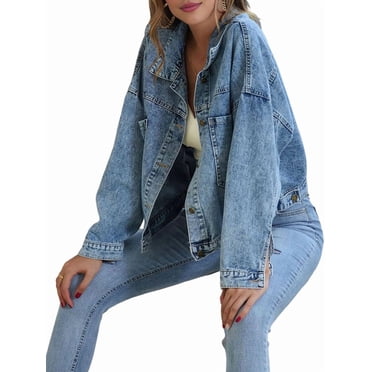 Women'S Short Loose Casual Large Pocket Denim Jacket Blue M