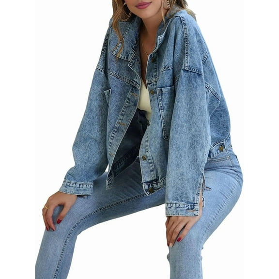 Women'S Short Loose Casual Large Pocket Denim Jacket Blue M