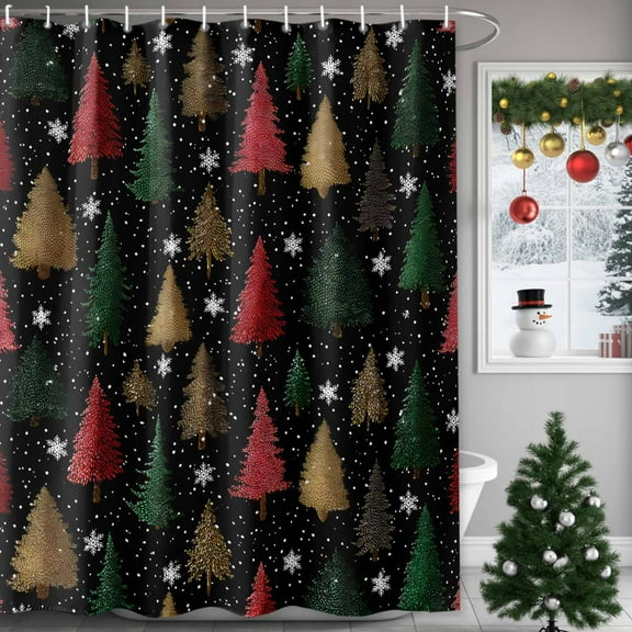 Christmas Tree Shower Curtains for Bathroom, Red Green Gold Pine Trees Winter Snowflakes Waterproof Fabric Shower Curtain for Bathroom Bathtub Decoration, Machine Washable, 60"x72"