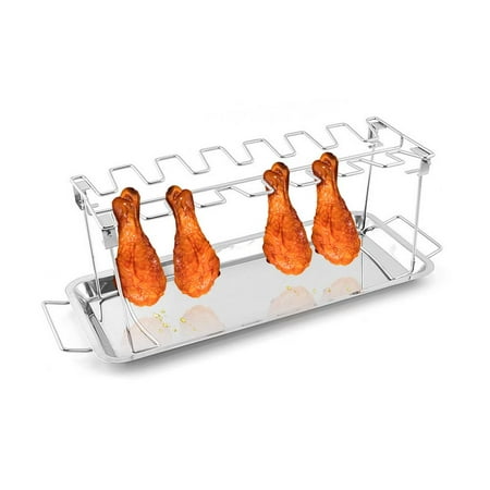 

Ksruee Chicken Leg Wing Rack with 14 Slots Sturdy Stainless Steel Roaster Stand with Drip Pan Large Capacity Metal Roaster Stand with Drip Tray Grill Accessories convenient