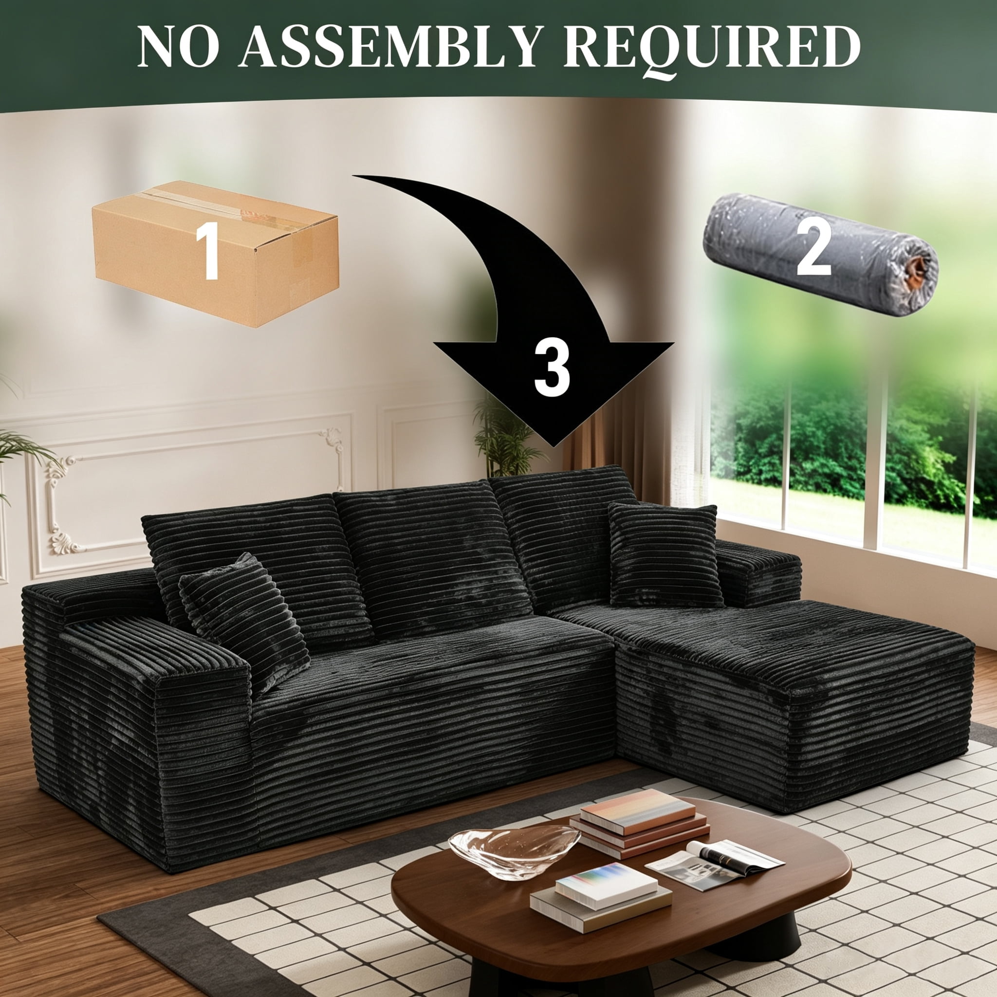 AISWORD 107.5" Corduroy Modular Sectional Sofa with Right Facing Chaise, Compressed Couch, Black
