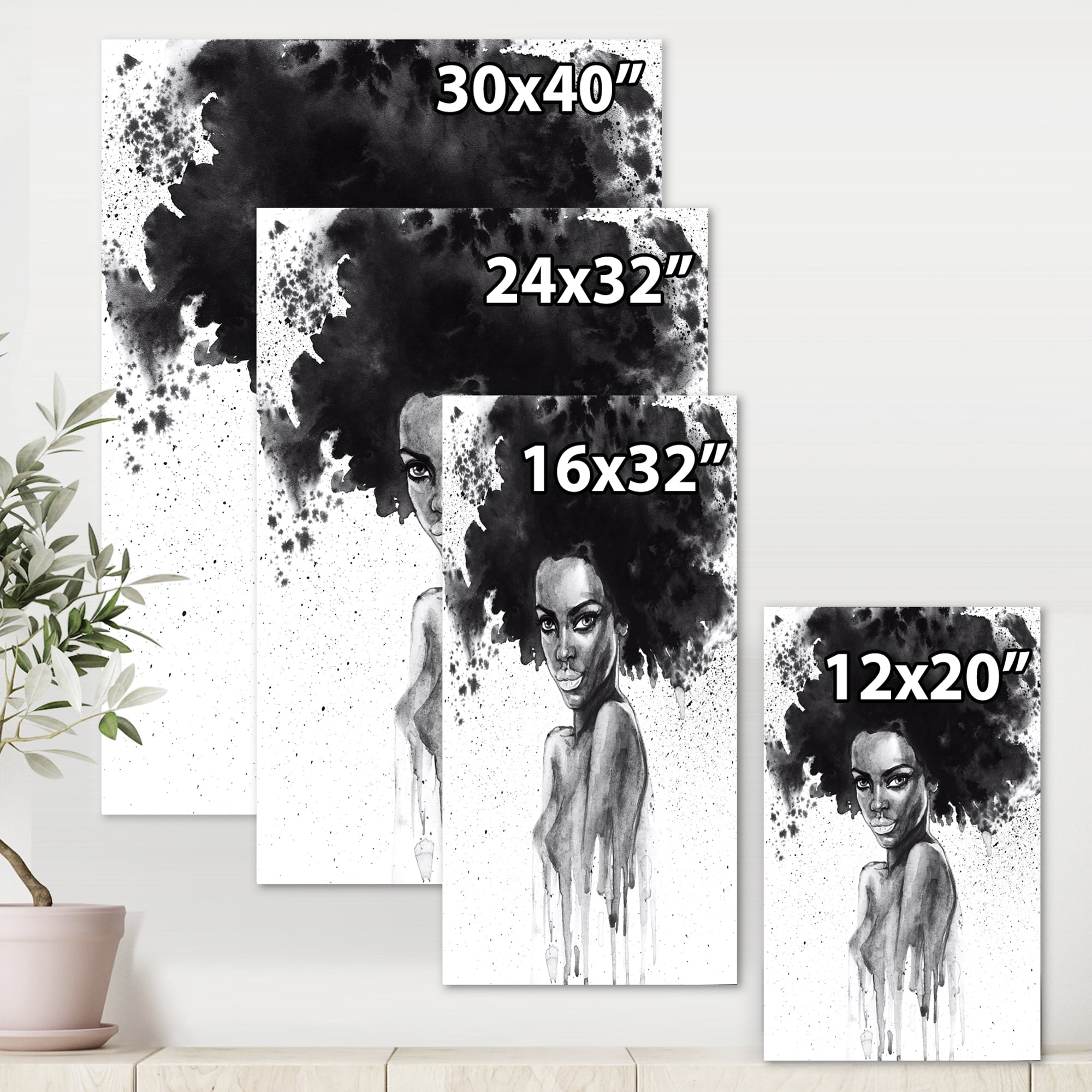 Black and White Portrait of African American Woman III 16 in x 32 in Painting Canvas Art Print, by Designart