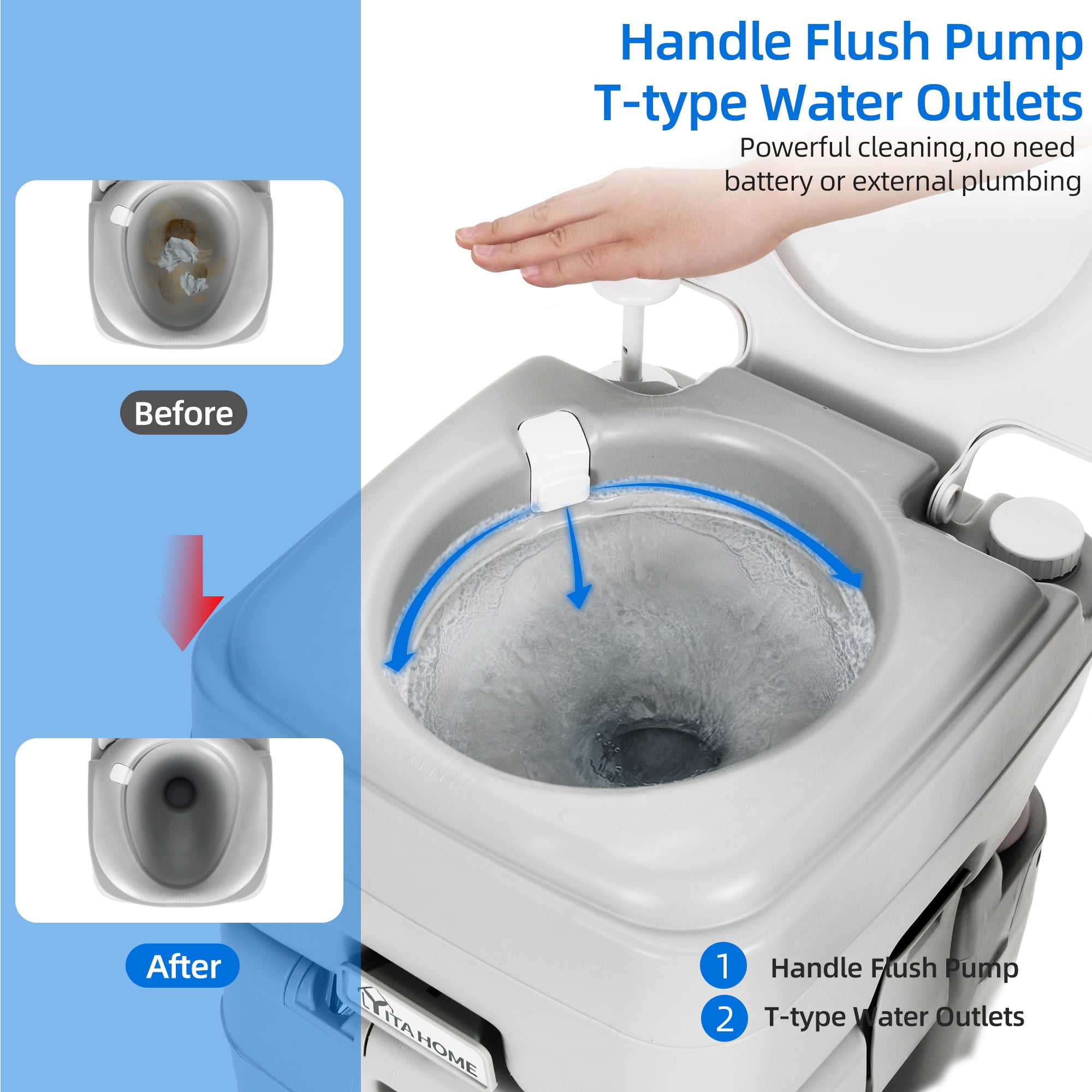 DEXTRUS 5.8 Gallon Portable Toilet, Travel RV Potty,RV Toilet with Level indicator, T-type Water Outlets, Anti-Leak Handle Water Pump, Rotating Spout for Outdoor,Indoor